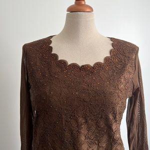 LAVENA - Brown Lace with Sheer Long Sleeve Shirt